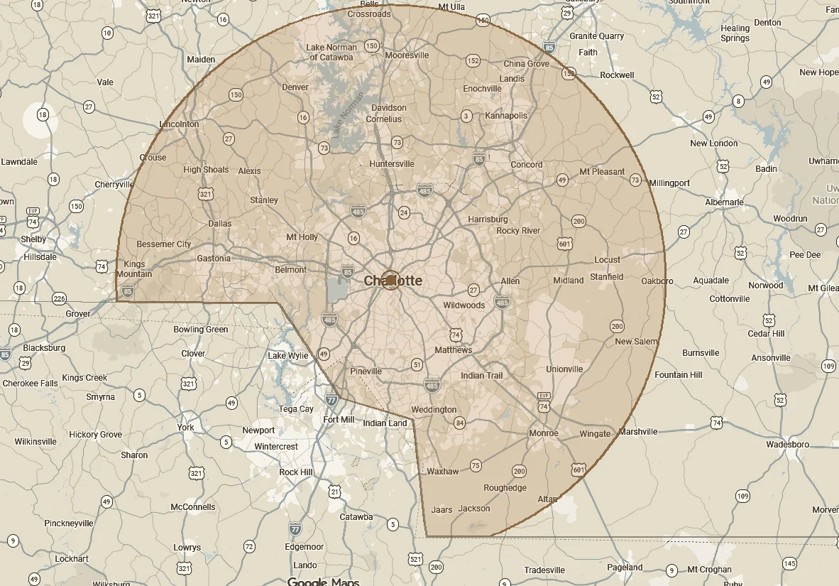 Map of the Charlotte region. A shaded area roughly 30 miles across
             covers Charlotte and the North Carolina towns around it — Mooresville,
             Concord, Kannapolis, Monroe, Gastonia, Lincolnton and Mount Pleasant
             among them — and stops along the South Carolina state line.